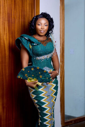 Blue and yellow beaded kente gown  Vickii Nyan Classic